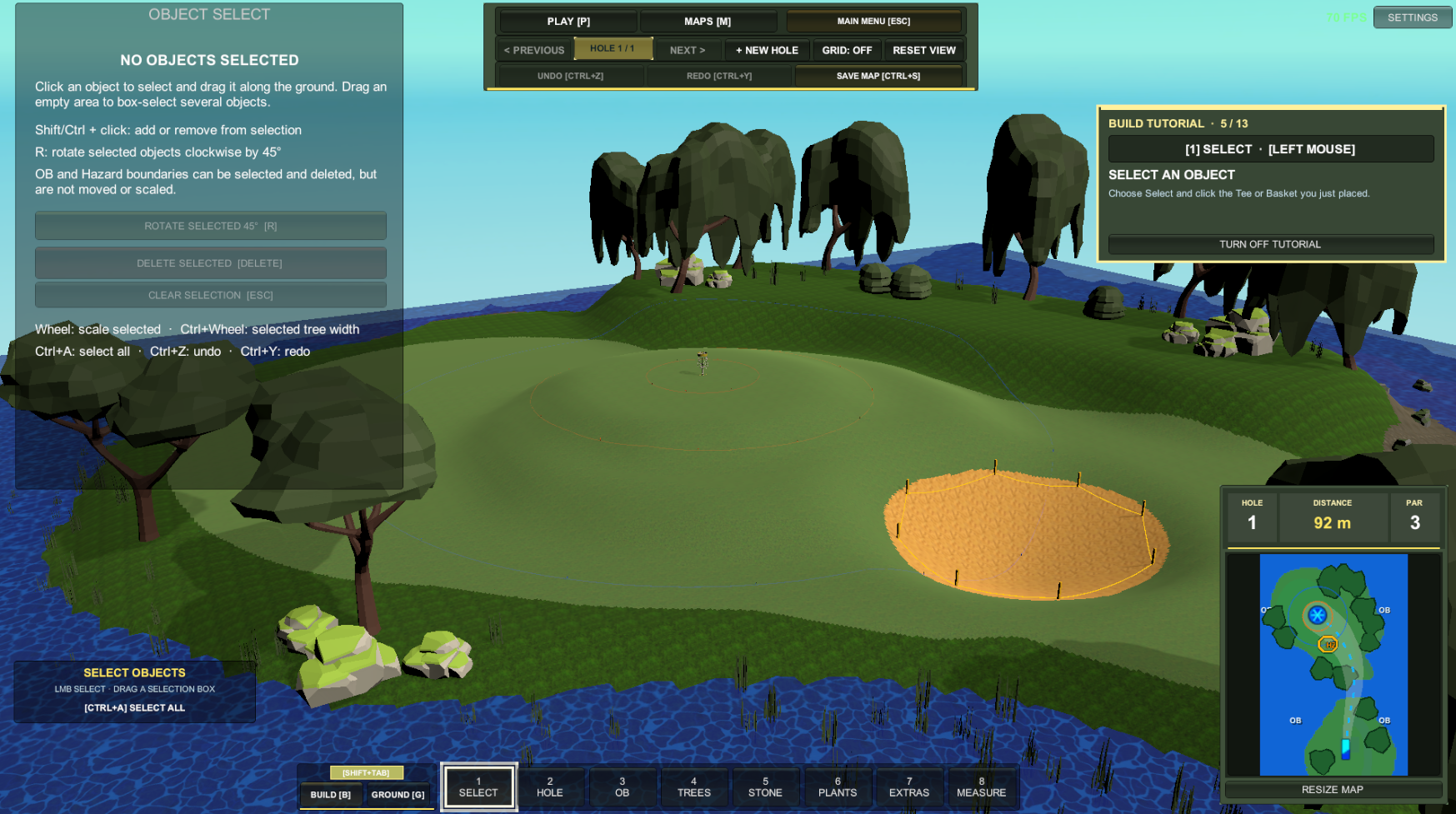 A finished island green with the improved course editor, water, out-of-bounds line and tutorial