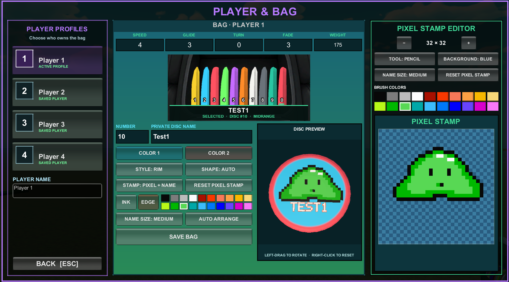 Player profiles, a ten-disc custom bag and the pixel stamp editor
