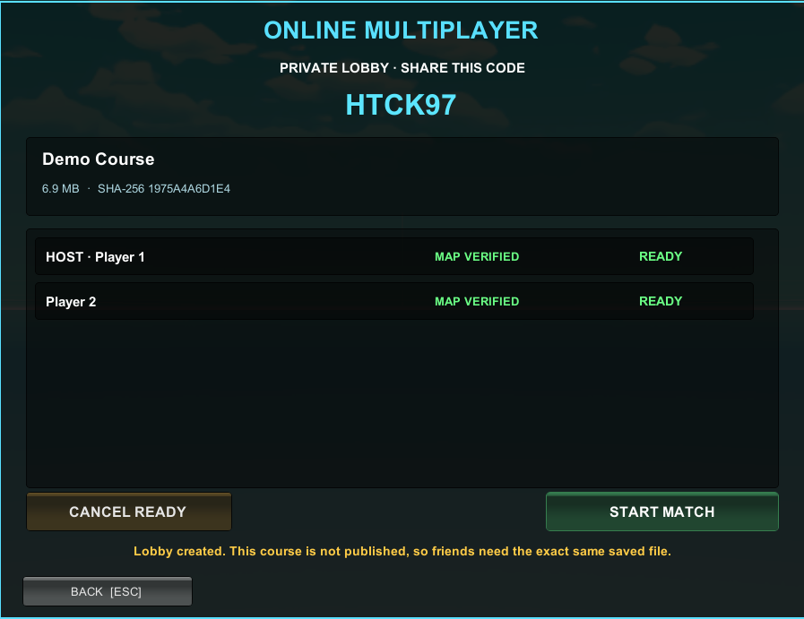 Two players ready in a verified private Disc Golf Designer online multiplayer lobby