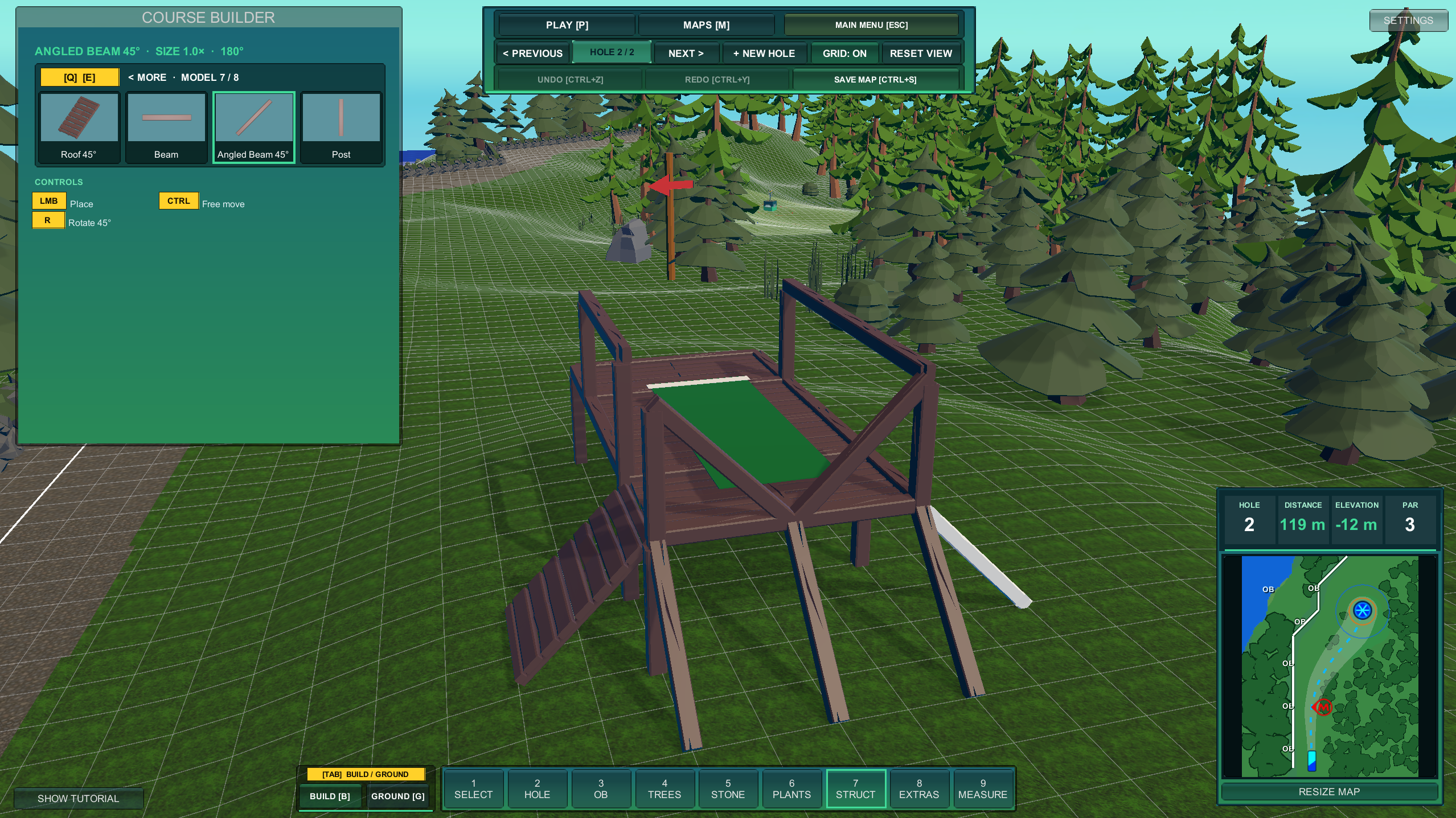 A raised wooden tee built with snapping beams, floors, stairs and posts beside the improved hole elevation UI